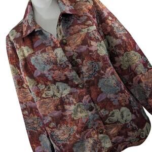 NWOT! BEDFORD FAIR! TAPESTRY STYLE FLORAL "JEAN JACKET", RED W/PASTELS! SZ XL